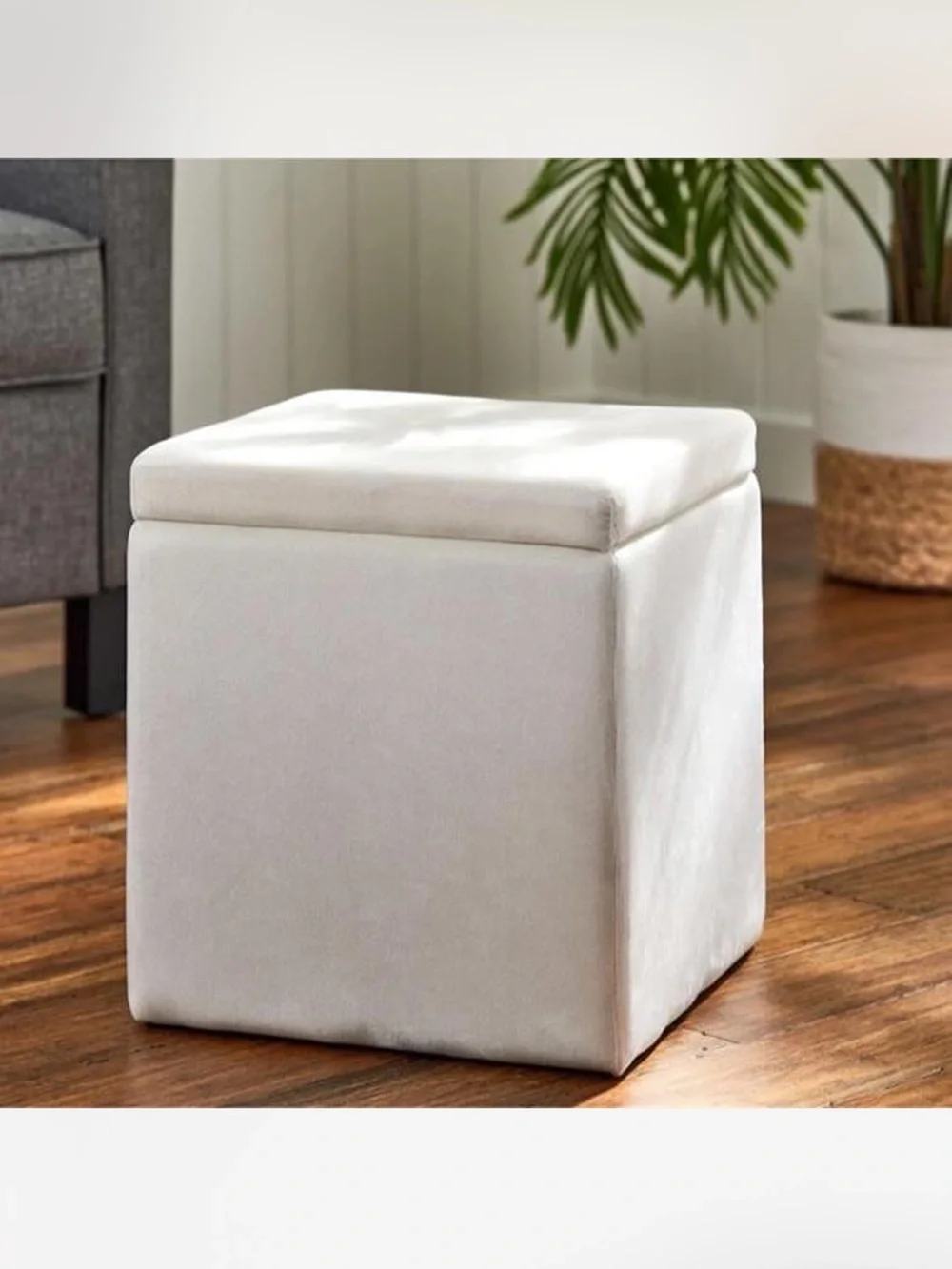 Compact White Storage Cube Ottoman with Padded Lift-Top